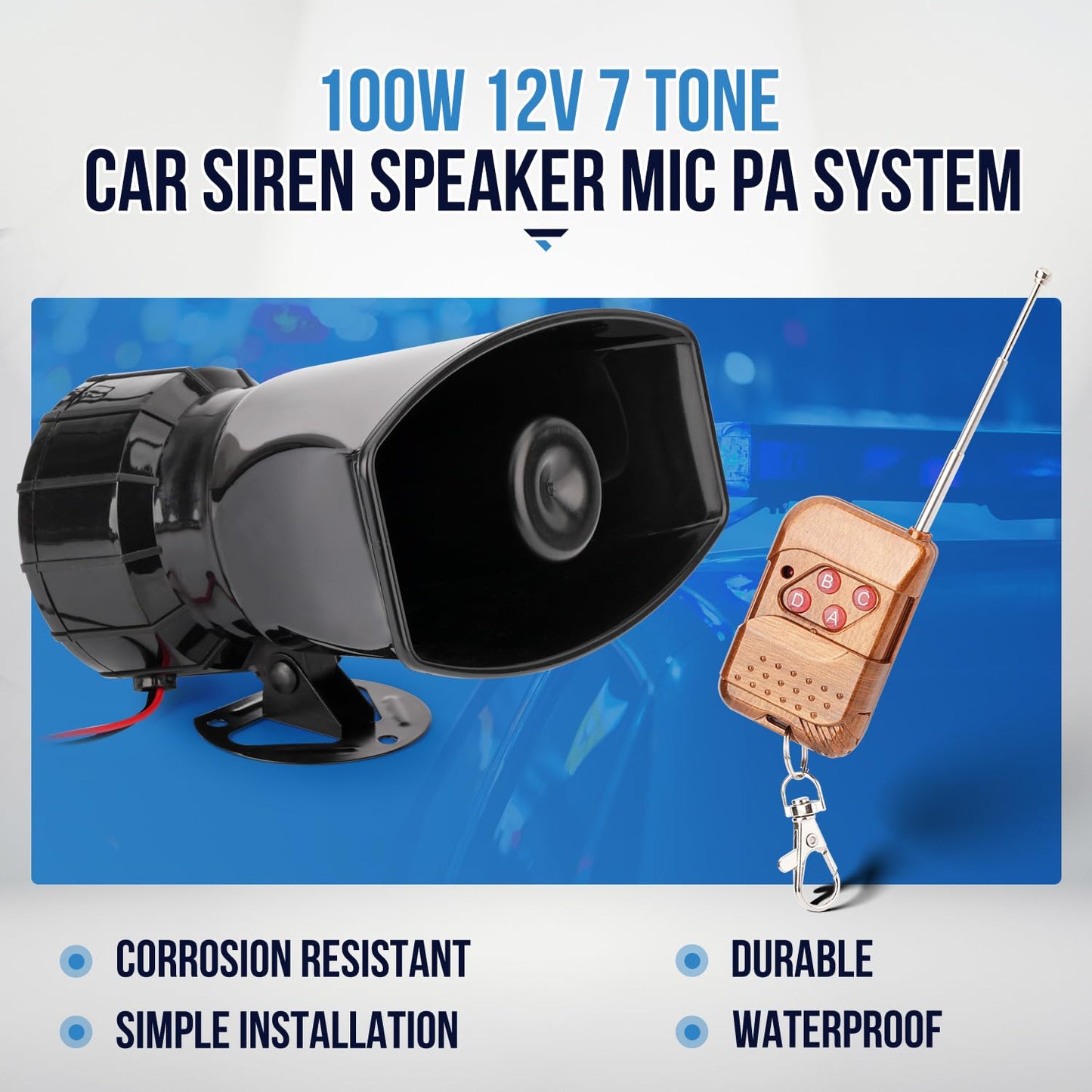 7 Tone Wireless Loud Siren Horn with Remote Controller,12V 100W