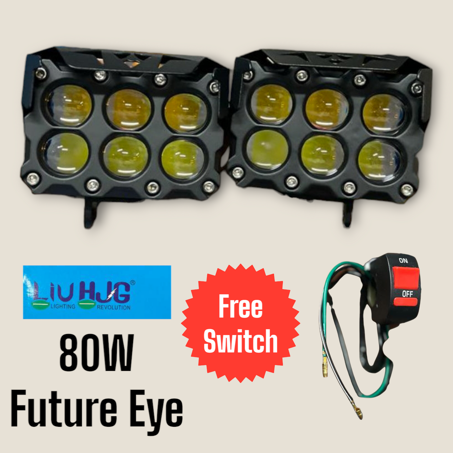 LIU HJG 80W Future EYE 6-Lens LED Fog Lights with Free Switch - Universal Fit for Bikes and Cars (Set of 2)
