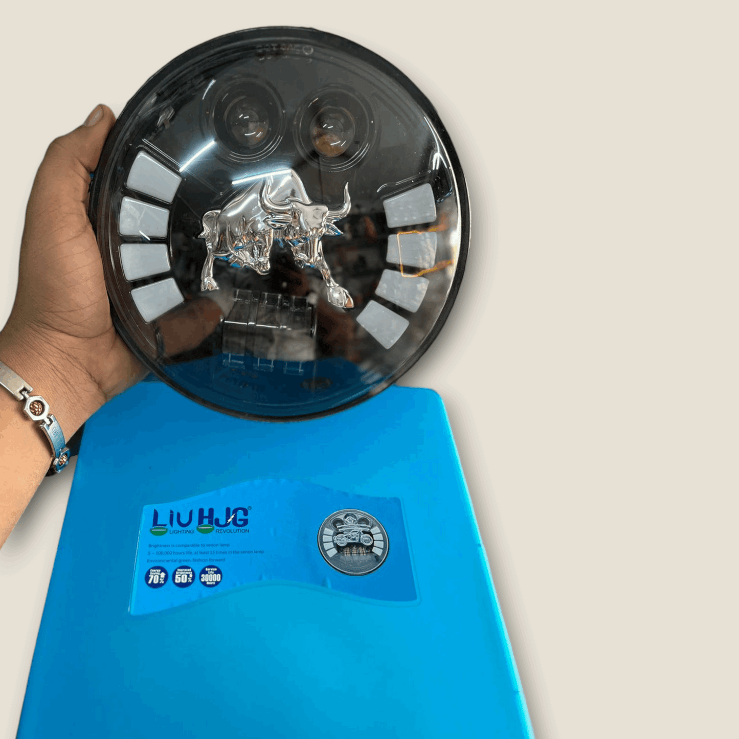 Original HJG 135W 7 Inch Round BULL Headlight for all Bullet Motorcycle - Multicolour Light Effect With Bull Logo