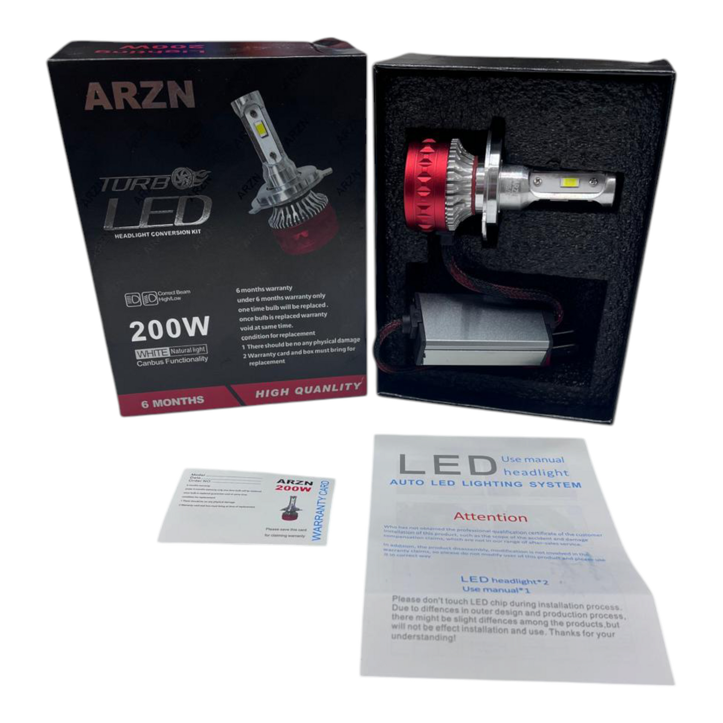 ARZN 200W Turbo LED Headlight | Waterproof Canbus Headlamp with 1 Year Replacement Guarantee