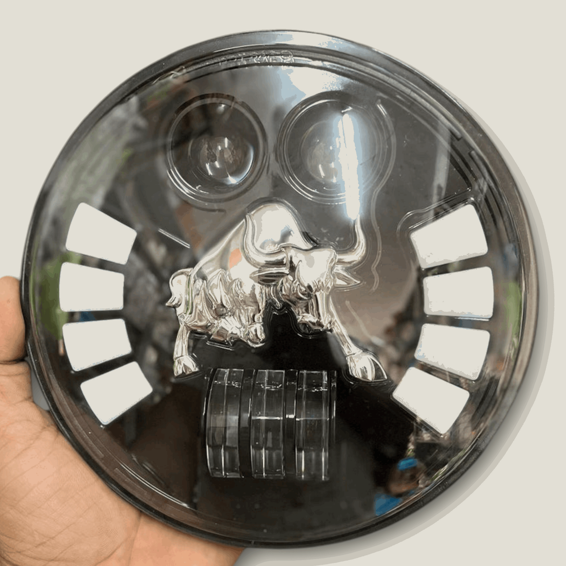 Original HJG 135W 7 Inch Round BULL Headlight for all Bullet Motorcycle - Multicolour Light Effect With Bull Logo