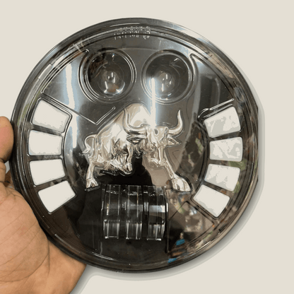 Original HJG 135W 7 Inch Round BULL Headlight for all Bullet Motorcycle - Multicolour Light Effect With Bull Logo