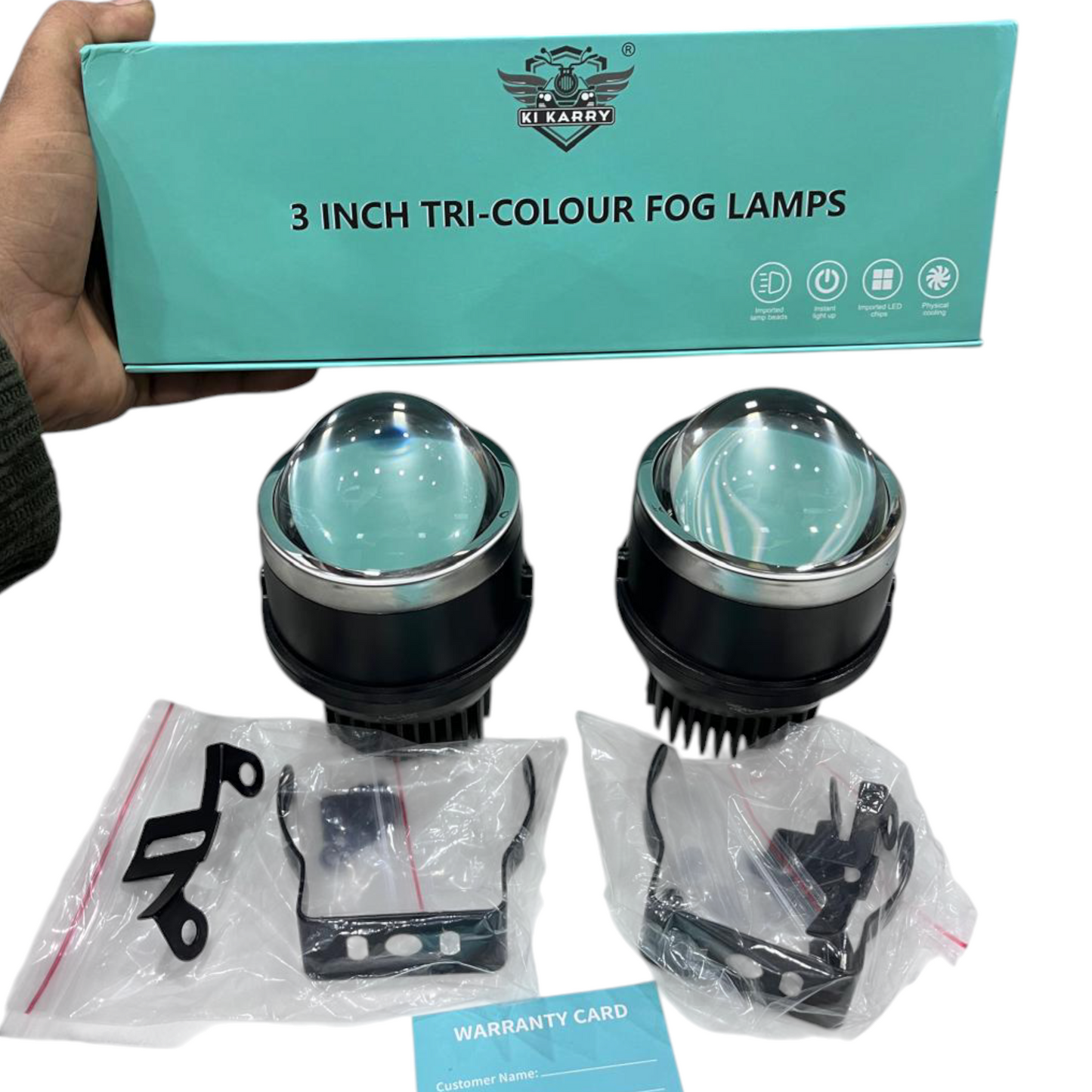 Karry 3-Inch Tri-Color Bi-LED Projector Fog Lights (Set of 2) – 200W Output | Yellow/White/Combo | 2-Year Replacement Guarantee