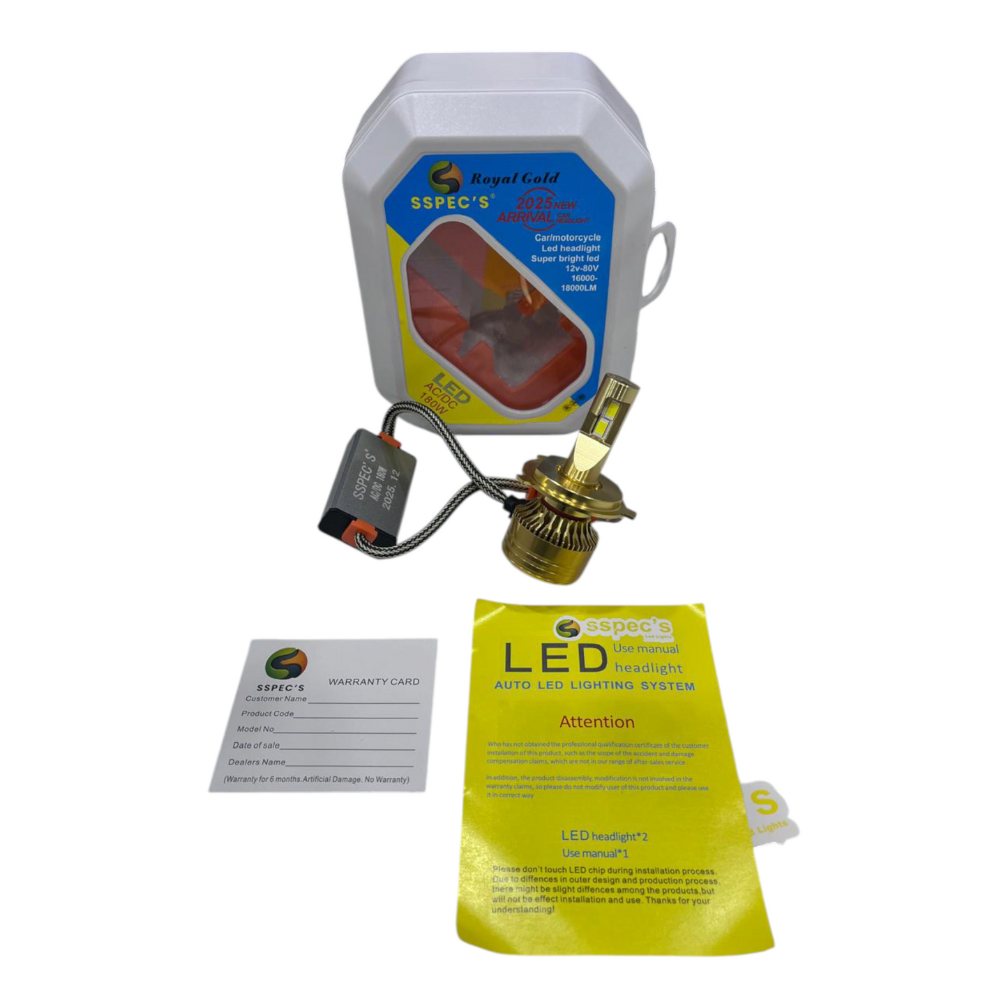 SSPEC 180W LED Headlight Bulb (H4 | AC-DC | 1-Year Guarantee) – 16000–18000 LM High Brightness