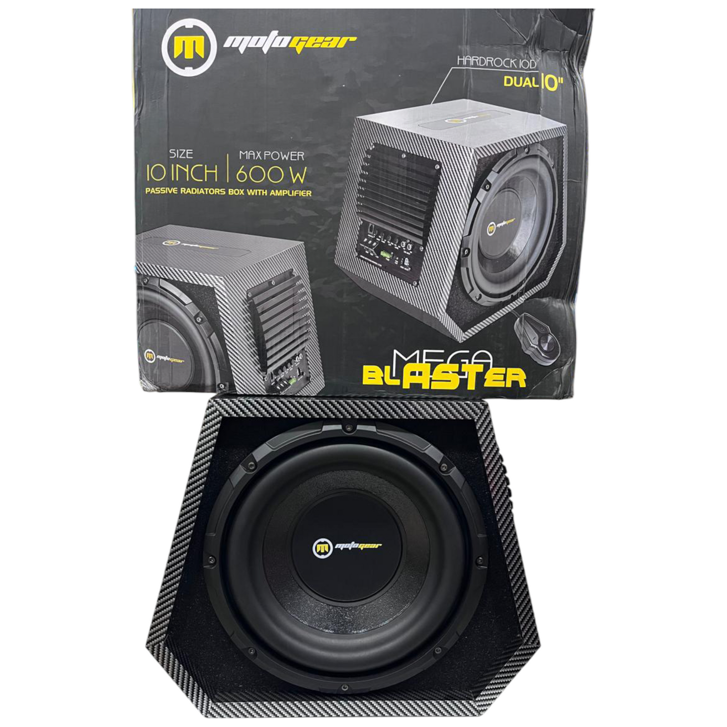 Motogear Megablast 10-Inch Dual Woofer Enclosure with Inbuilt Amplifier – 600W Power | 1-Year Guarantee