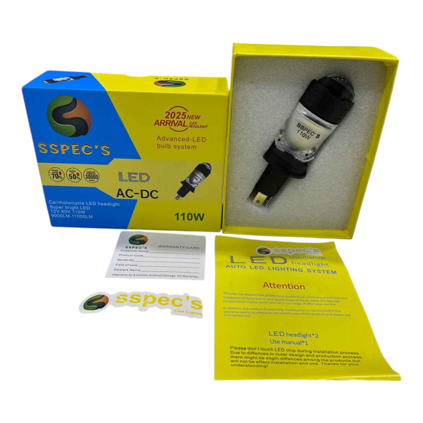 SSPEC 110W AC-DC Dual Lens LED Projector Headlight | Plug & Play | For Bike & Car | 1 Year Replacement Warranty