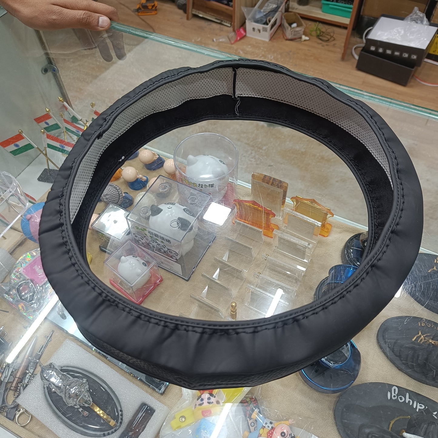 Motogear Universal Leather Steering Wheel Cover | Non-Slip Grip | Breathable & Comfortable | Black (37–39 cm)