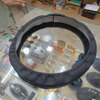 Motogear Universal Leather Steering Wheel Cover | Non-Slip Grip | Breathable & Comfortable | Black (37–39 cm)