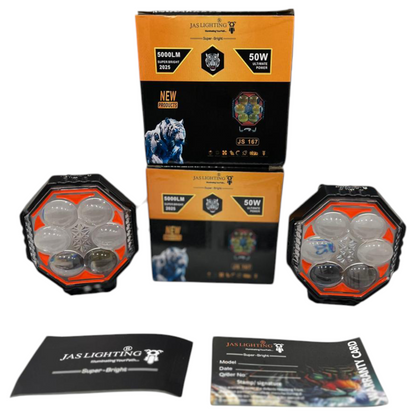 JAS 100W Multi-Function LED Fog Lights – 50W/pc | 5000 Lumens | Dual Colour + Flashing Modes | Pack of 2