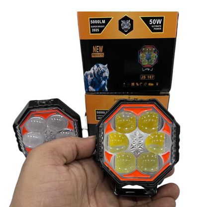 JAS 100W Multi-Function LED Fog Lights – 50W/pc | 5000 Lumens | Dual Colour + Flashing Modes | Pack of 2